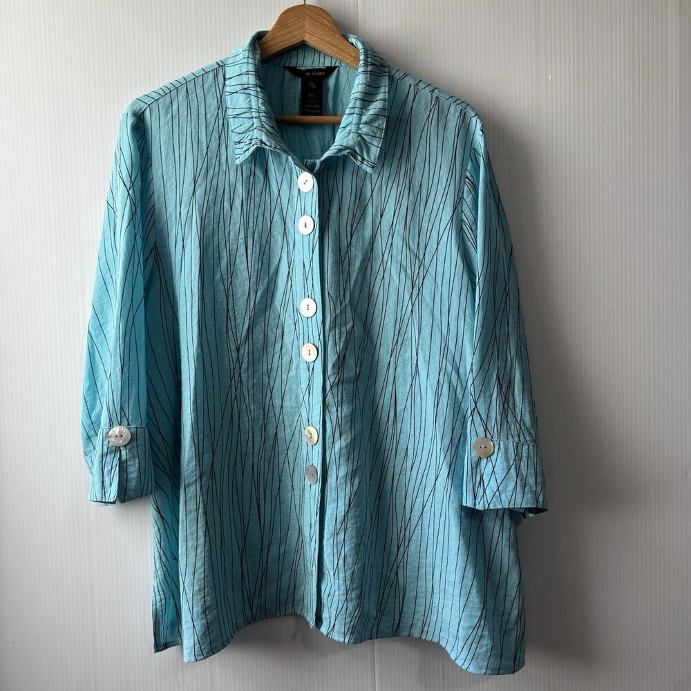 Ali Miles PXL Women’s Turquoise Abstract Stripe Button Front 3/4 Sleeve Blouse